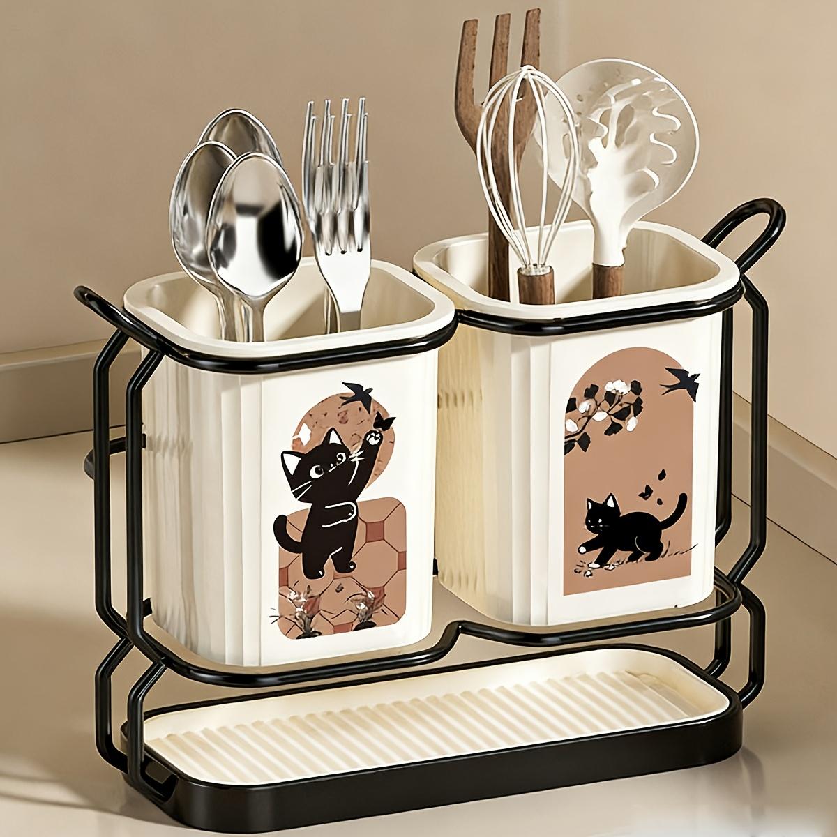 Carbon Steel Kitchen Utensil Rack with Cutters Holder, 2 Cute Cat Storage Boxes, Wall-Mounted and Countertop Storage, Detachable Tray, Durable Design