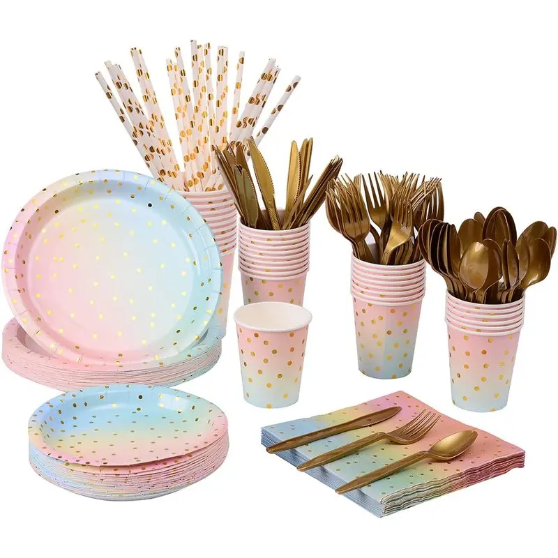 201PCS Rainbow Pastel Party Supplies Set-Disposable Paper Dinnerware Serves 25, Pastel Paper Plates Napkins Cups&Gold Plastic Silverware Sets for Wedding Birthday Baby Shower Holiday Parties
