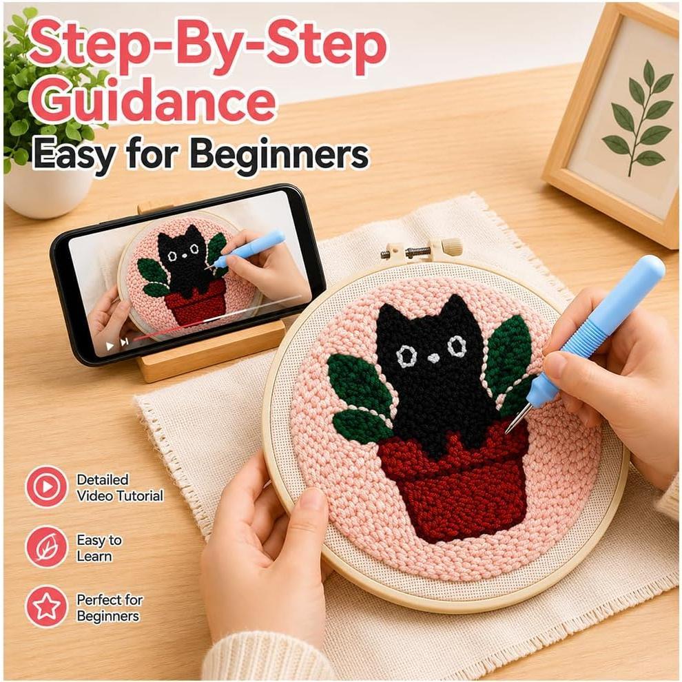 Beginner-Adult Punch Crafting Kit, Synthetic Fabric, Embroidery Hoop, Video Guide, Complete DIY Needlework Set for Relaxing Hobby Ideas