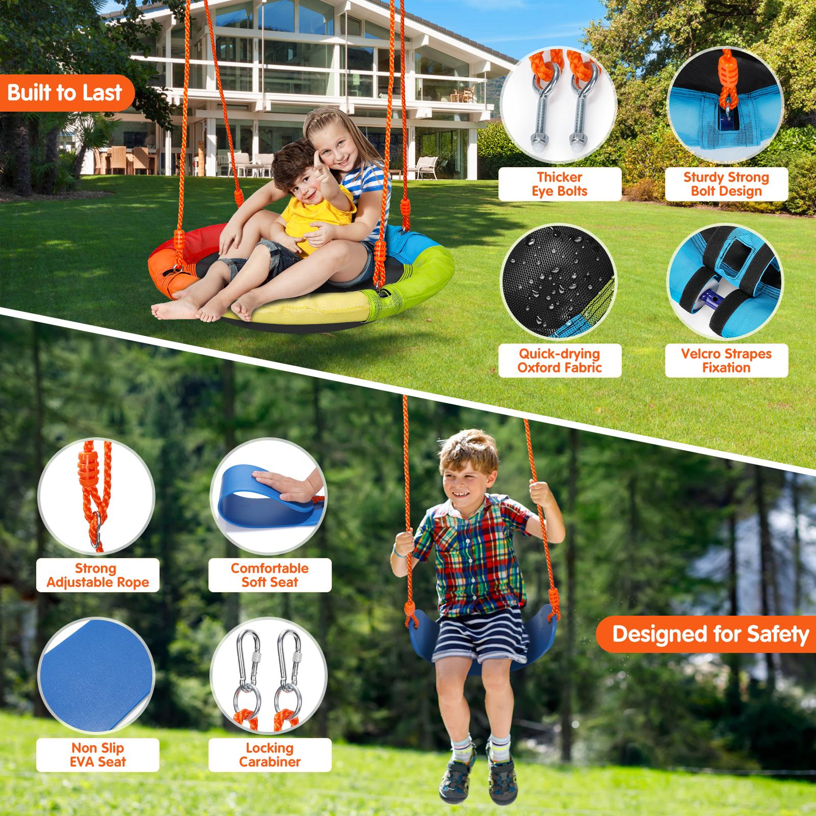Aowos Swing Set for Kids, Saucer Swing with Heavy-Duty Metal Frame and Adjustable Ropes for Kids Outdoor, Safe Waterproof Round Swing for Backyard Playground Park, Playground for Kids, Rainbow Color, Birthday Gift, Columpio para niños, Christmas Gift