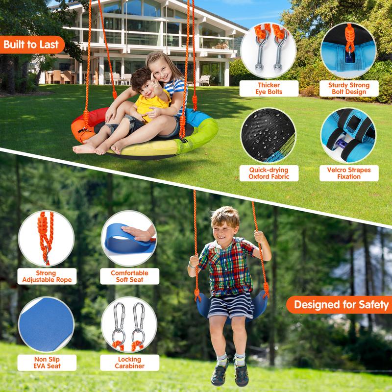 Aowos Swing Set for Kids, Saucer Swing with Heavy-Duty Metal Frame and Adjustable Ropes for Kids Outdoor, Safe Waterproof Round Swing for Backyard Playground Park, Playground for Kids, Rainbow Color, Birthday Gift, Columpio para niños, Christmas Gift