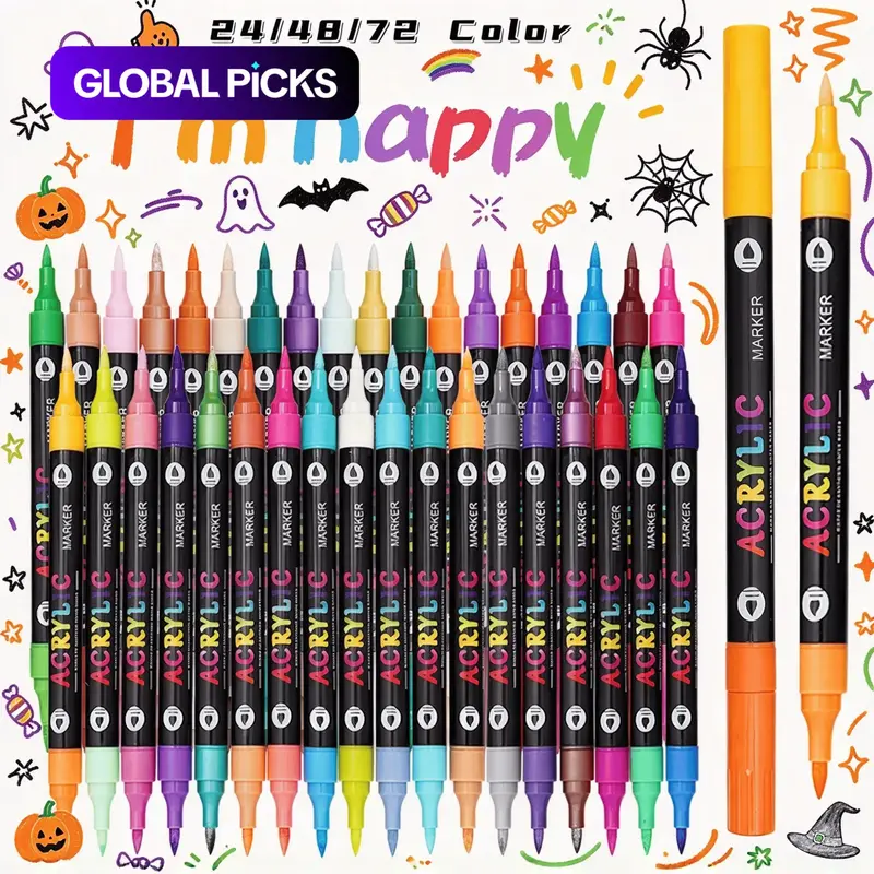 24/48/72Color Dual-Tip Water-Based Acrylic Paint Marker Pens Set, Soft Brush Design, Perfect for Rock, Wood, Glass, Scrapbook, Art Supplies, Artist Supplies, with Bright, Smooth and Quick-Dry Ink, Back-To-School Gift, Halloween Crafts