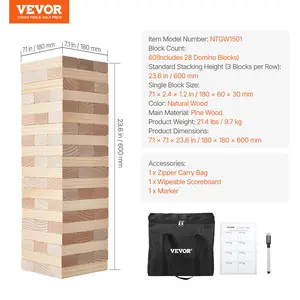 VEVOR Tumbling Timber Toy, 60 Blocks Giant Tumble Tower Blocks Game, Pine Wood Tumbling Tower Game with Carry Bag and Scoreboard, Wooden Stacking Game, Tumble Tower Family Games for Indoor/Outdoor