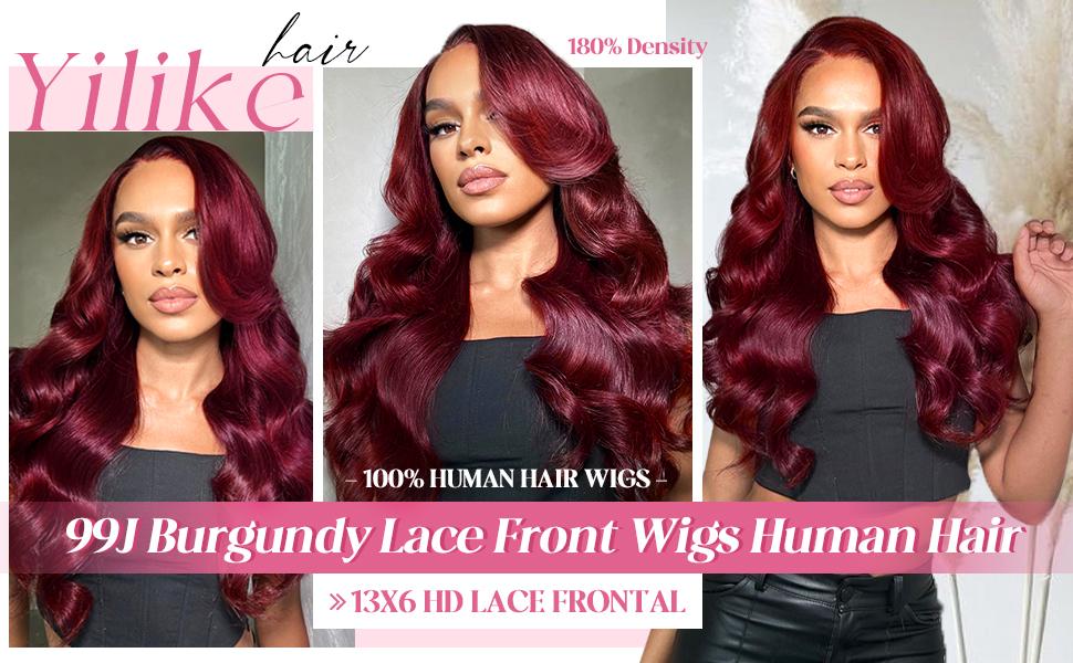 Yilike 99j Burgundy Lace Front Wigs Human Hair Red Burgundy Wig 180% Density 13x6 Body Wave Lace Front Wigs Pre Plucked Glueless Lace Front Wigs Human Hair for Women