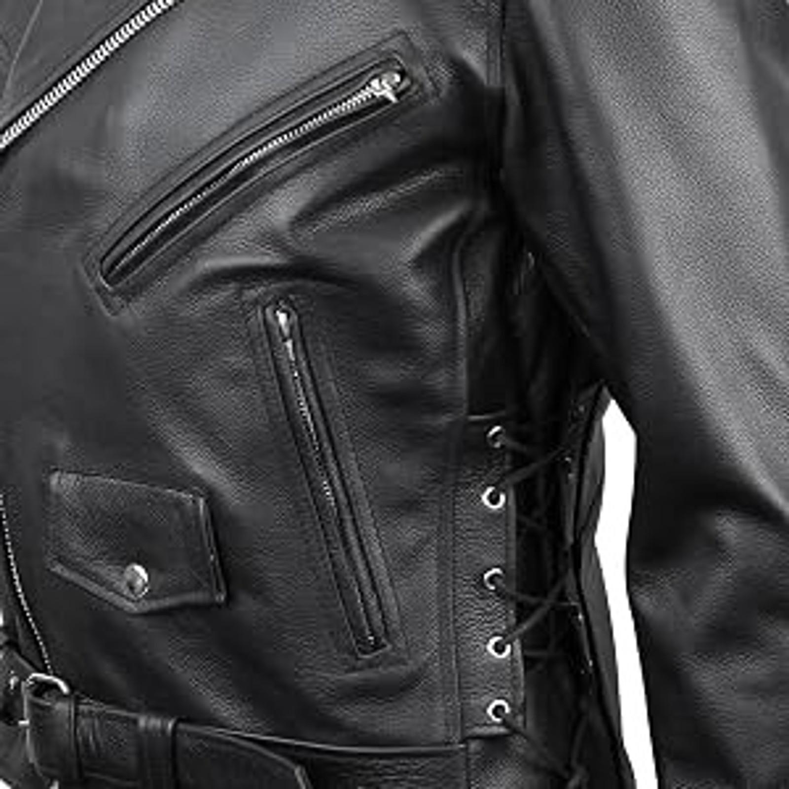 Mens Premium Cowhide Conceal Carry Insulated Liner Side Laces Classic MC Motorcycle Biker Black Leather Jacket