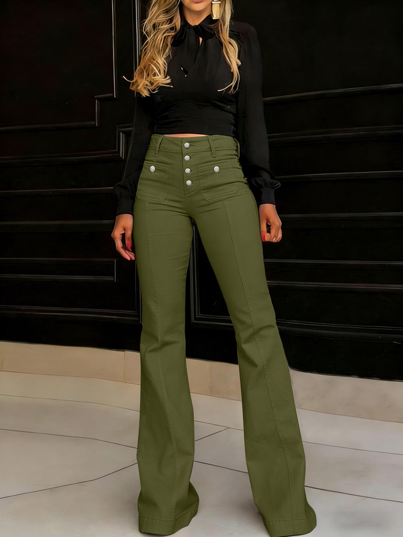 Women's Plain Flare Leg Jeans with Button & Pockets , Casual Bell Bottom Trousers for Daily Wear, Ladies Bottoms for All Seasons