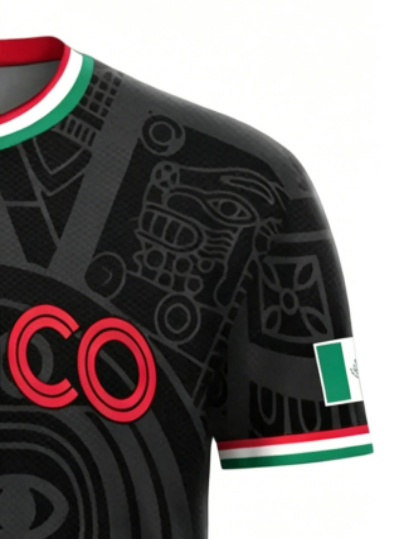 Men's Mexican Aztec Calendar Sport T-Shirt, Mexico Football Fan Street Style Round Neck Short Sleeve Top, Geometric Pattern, Loose Fit