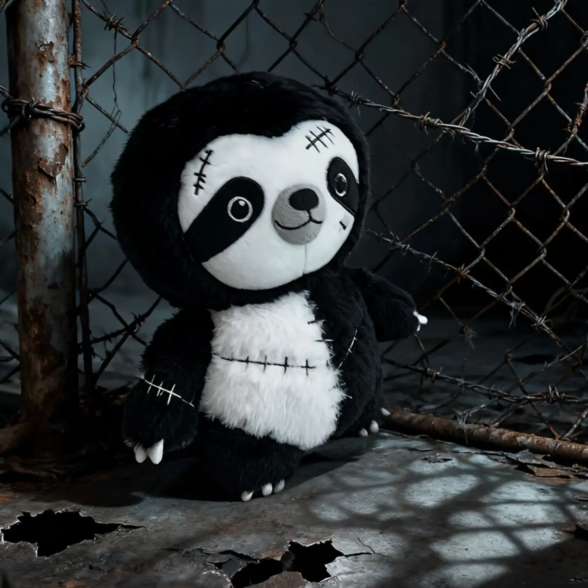 Gothic Stitched Sloth Plush Toy Creepy Cute Black White Sloth Stuffed Animal Soft Horror Goth Plushie Halloween Decor Gift for Teens Durable Soft Fluffy