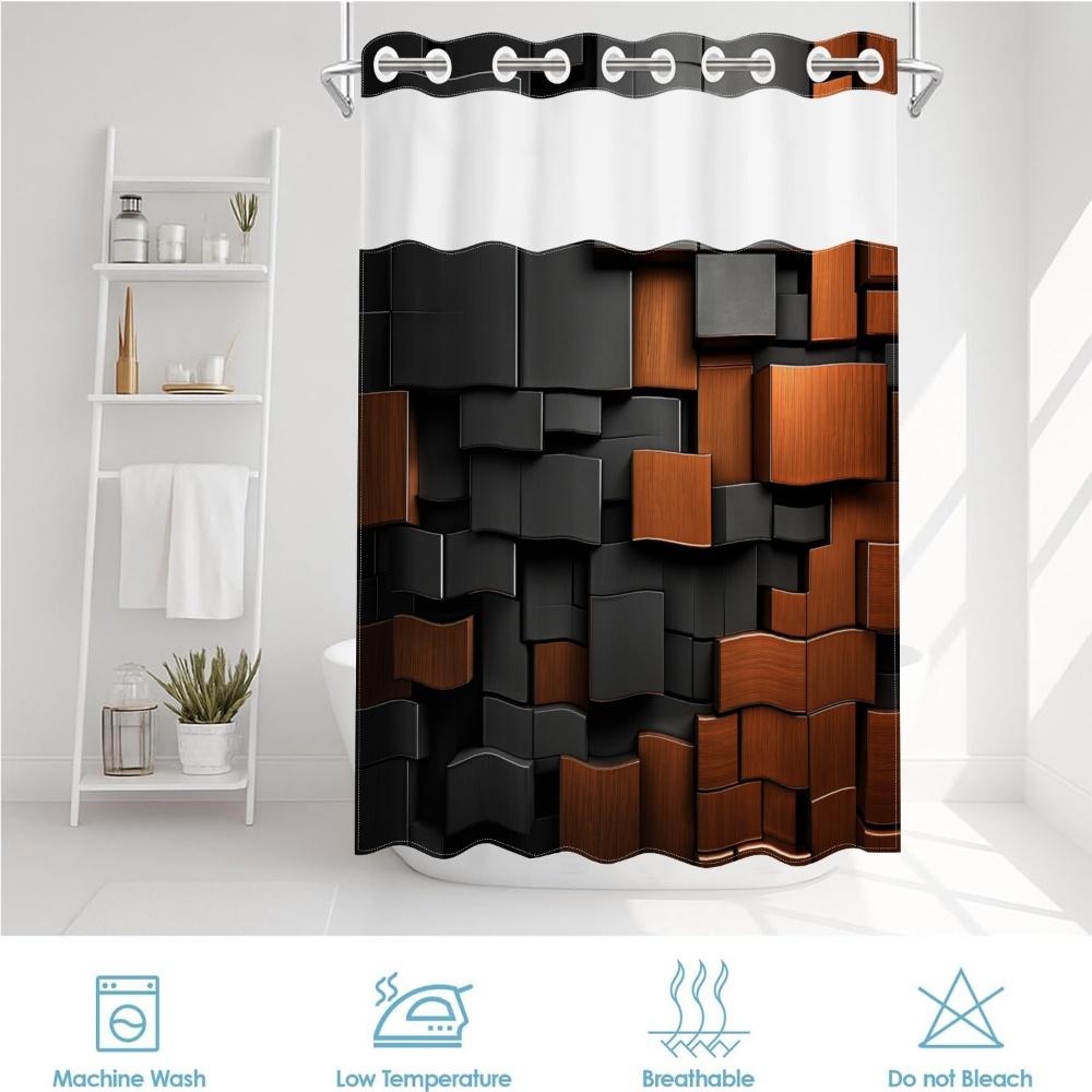 1pc hookless shower curtain with buckle lining, black and orange 3D square patchwork design, 2D flat printing, waterproof fabric lining, see-through double-layer shower curtain, 71 x 74 inches, modern home draping curtain.