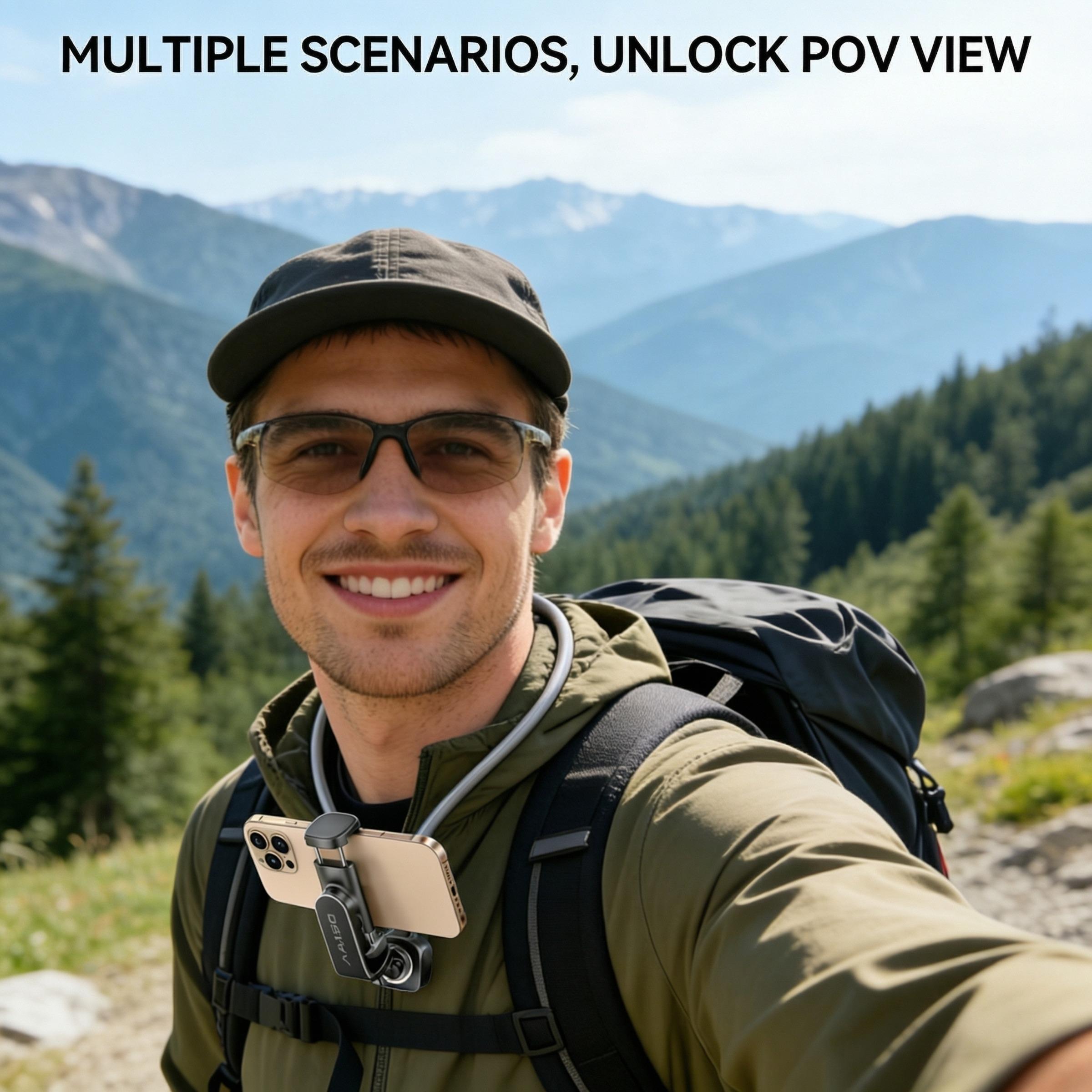 First-Person Neck Phone Mount，One-piece alloy arm, 360° adjustable.Stable damped hinge, detachable clamp with camera adapter. Soft silicone neck pad, comfortable fit.Ideal for POV shooting & multi-scene use.