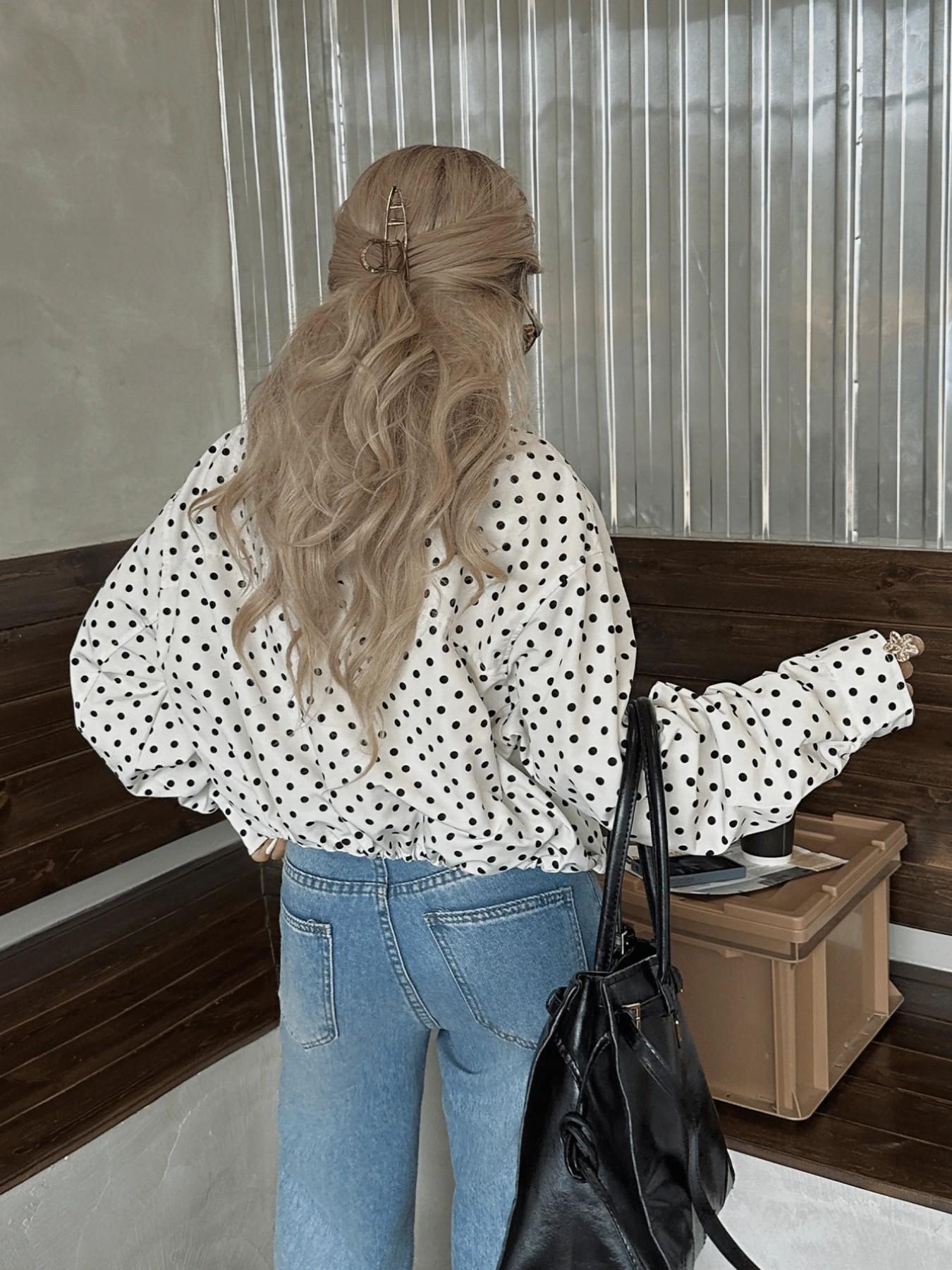 Women's New Aesthetic Polka Dot Pattern Adjustable Drawstring Jacket, Retro Zipper Long Sleeve Stand Collar Outerwear for Everyday Wear, Casual Fashionable Jacket, Streetwear