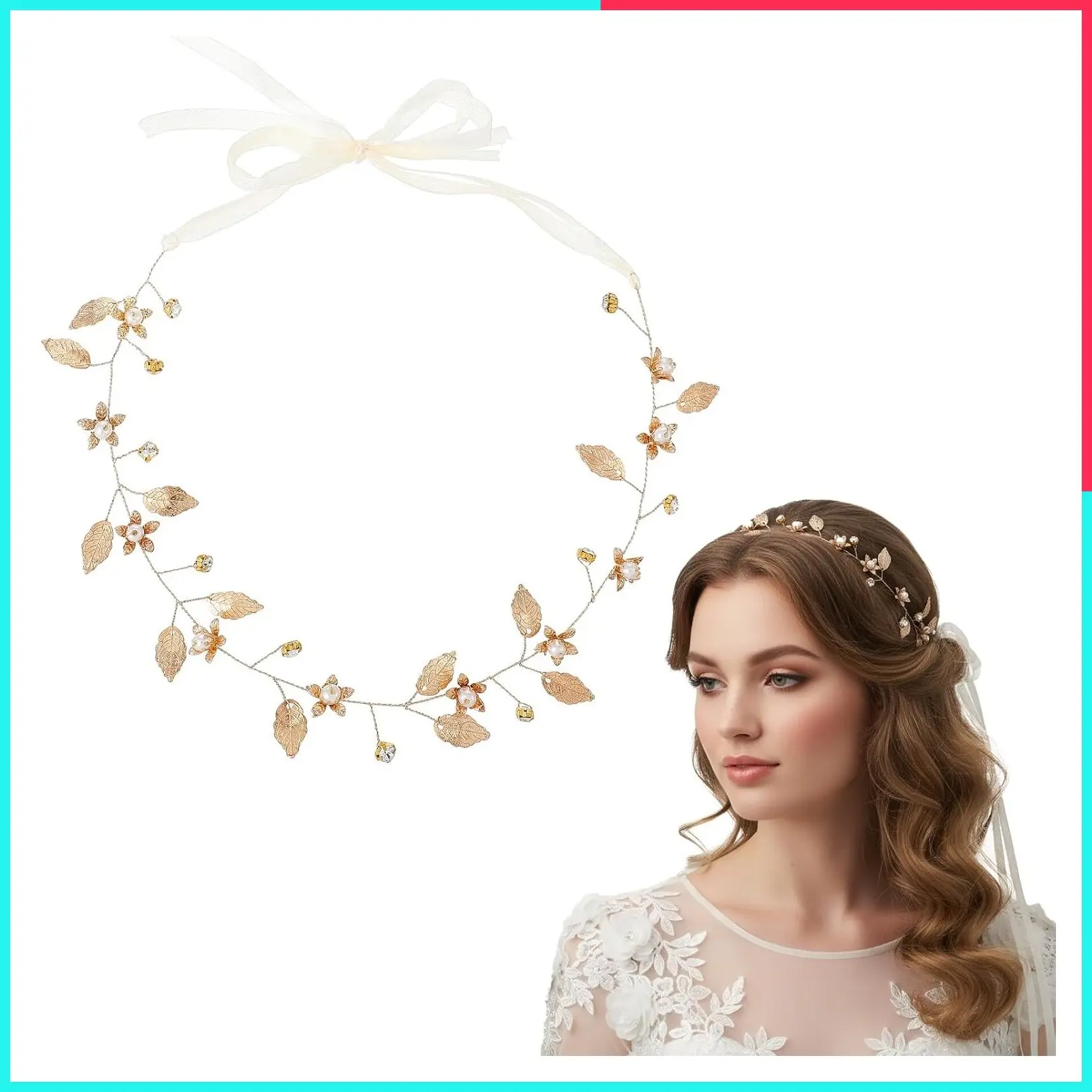 Gold Leaf Headband with Pearls for Wedding, Bridal Boho Hair Piece, Adjustable Headpiece for Bride, Bridesmaid and Flower Girl, Dainty Hair Accessories for Prom, Party, Halloween Elf Costume