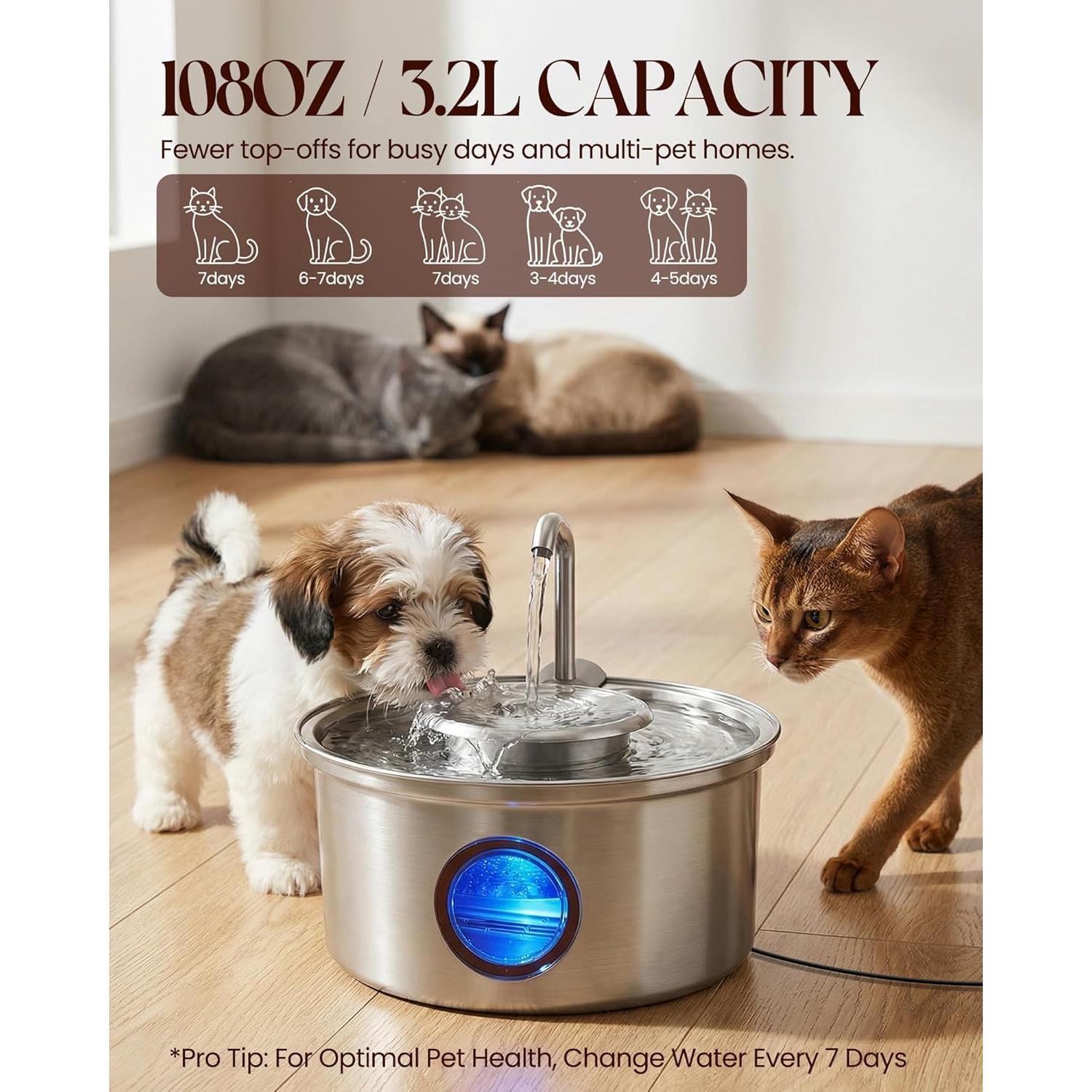 Water Fountain,108oz/3.2L Stainless Steel  Fountain and Removable Water Bowl, Fountain with Water Level Window,Quiet Pump,Multi-Filter, Water Tap, Provides Flowing,for  Cats