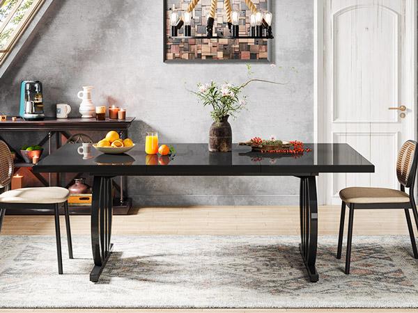 LITTLE TREE 63 Inch Dining Table for 4-6 People, Black Modern DiningTable with Metal Frame, Rectangular Dinner Table, Large Kitchen Table for Dining Room, Living Room social