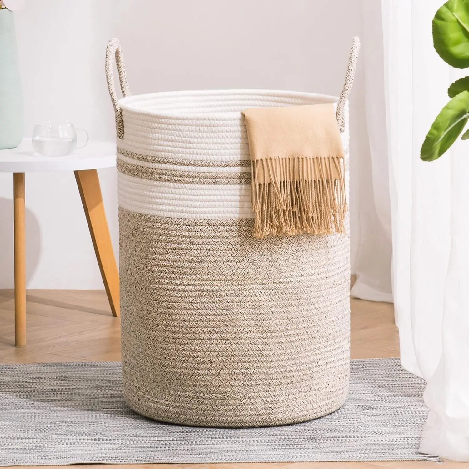 Woven Laundry Hamper Basket, 58L Tall Laundry Basket | Cotton Rope Clothes Hamper for Bedroom Storage, Baby Kids Nursery Hamper, for Blankets, Clothes and Hamper Organization