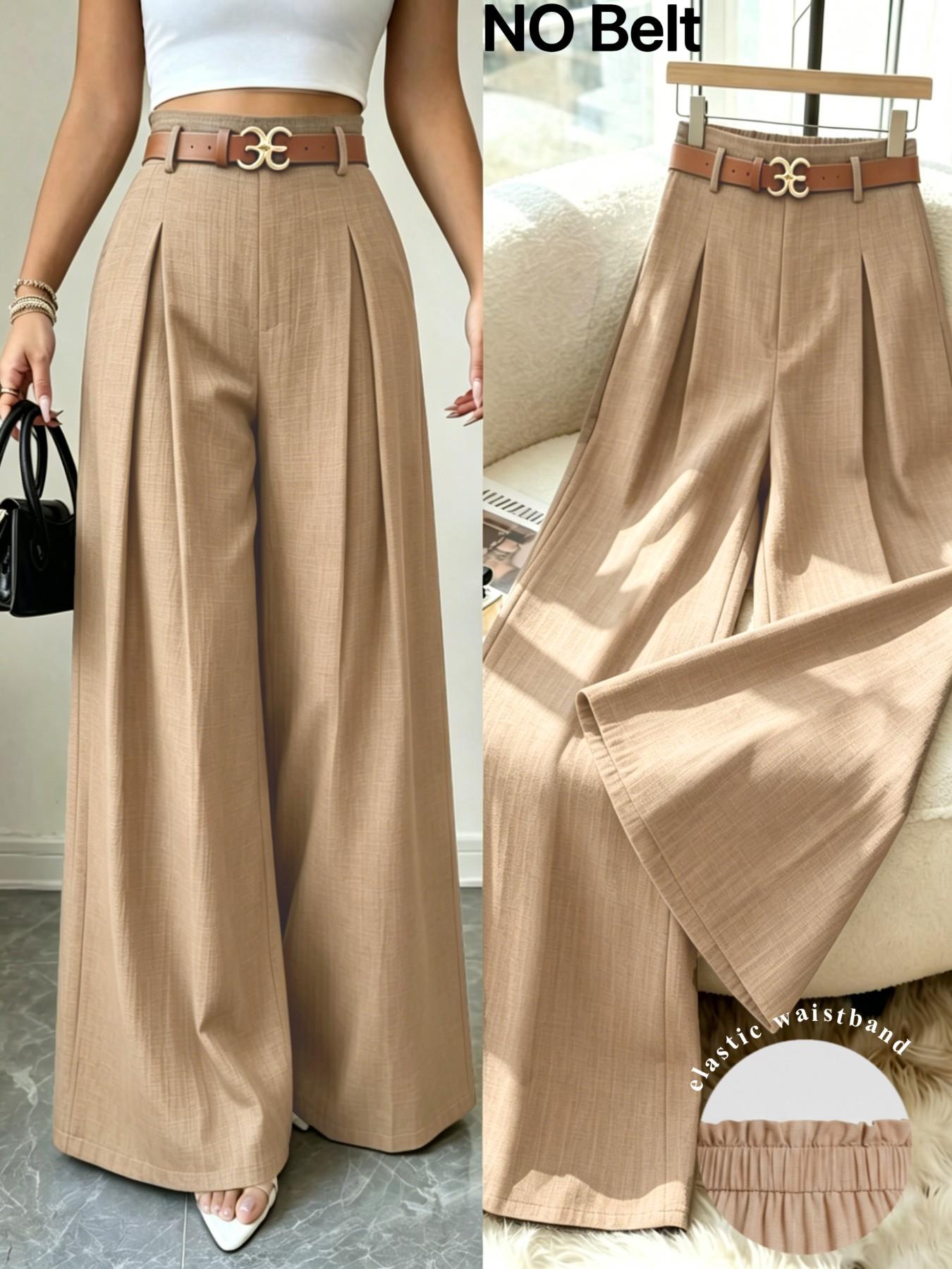 Elegant Minimalist High-Waist Wide-Leg Pants without Belt, Casual Loose-Fit Elastic Waist Long Trousers for Office, Women's Bottoms for Summer & Fall
