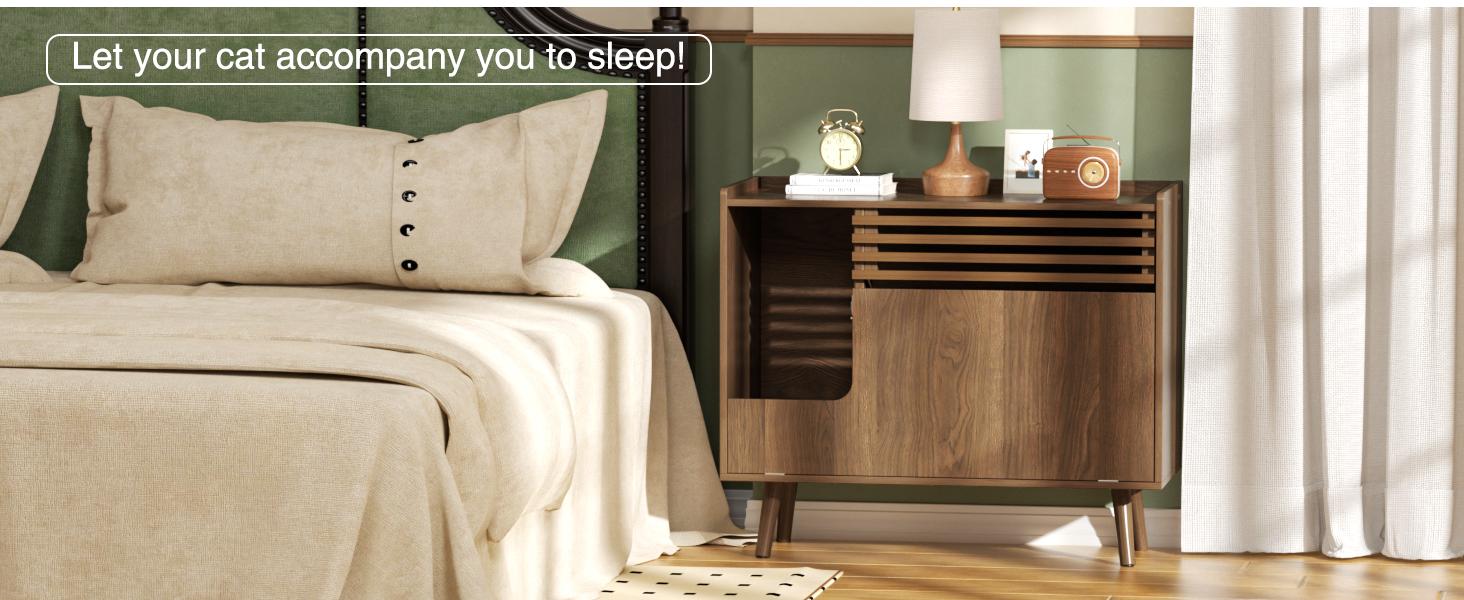 Vabches Cat Litter Box Enclosure,Mid-Century Modern Hidden Litter Box Furniture with Cat Scratch Pad,Flip-Down Opening Litter Box Cabinet Cat Washroom End Table