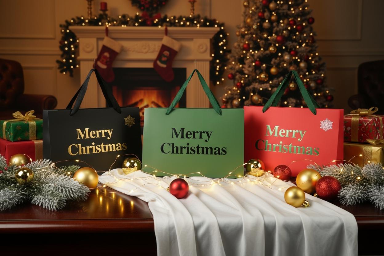 5PCS Christmas Tote Gift Bags, Holiday Bags, Party Favor Bags, Portable、Foldable and Reusable, For Presents, Party, Birthday Box, Gift Packging, Family or Business
