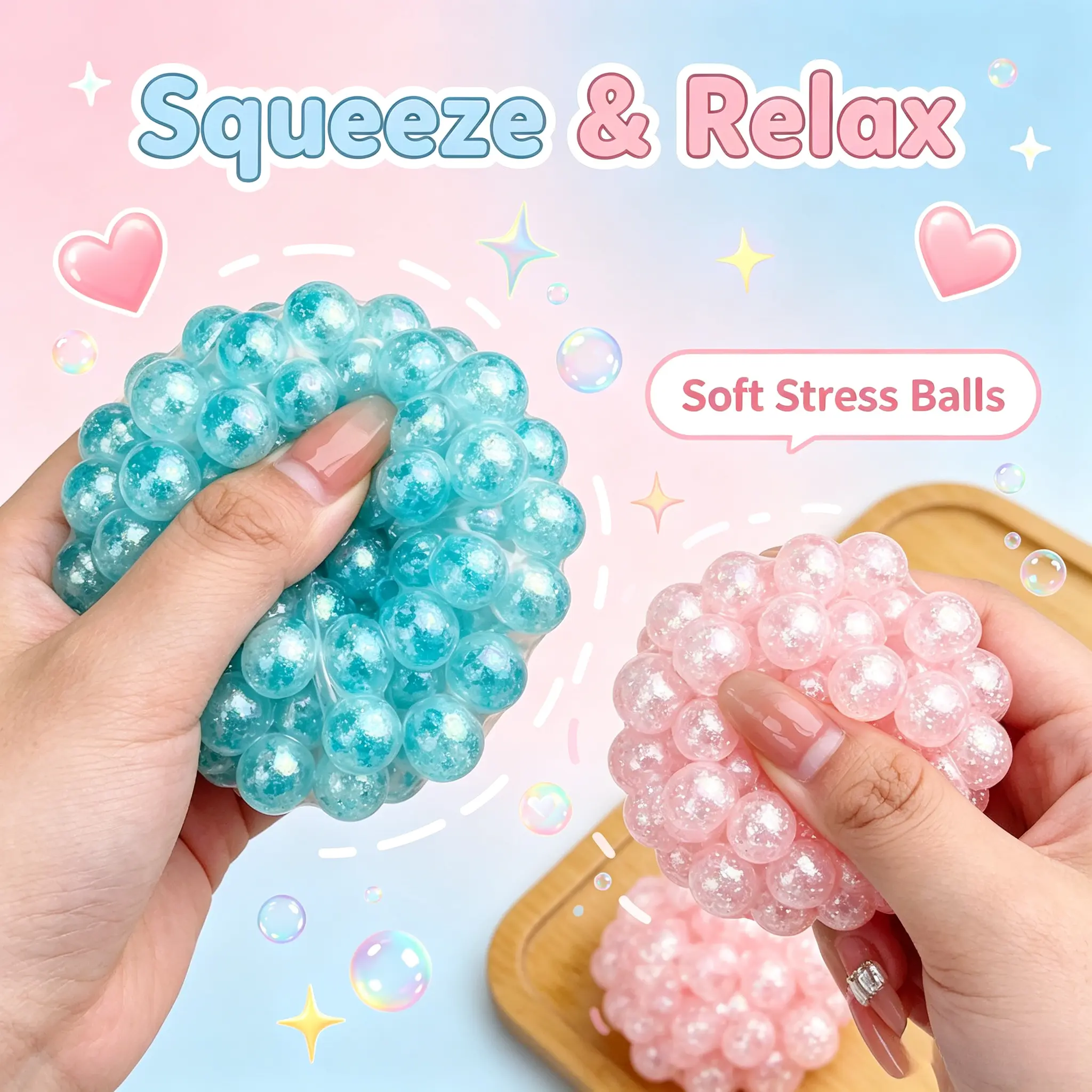 Sparkling Iridescent Pearl Crunch Bead Fidget Ball, Stretchable Moldable Reshapeable Squishy Squeeze Toy, ASMR Popping Crunch Sound Sensory Stress Relief Toy for Kids Adults ADHD Anxiety, Office Desk Classroom Fidget Gift