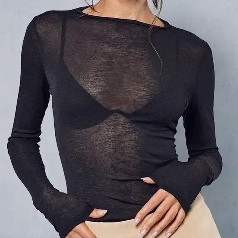 Women's Long Sleeve Top, Slim Fit Crewneck Semi-Sheer Layering Blouse, Y2K Baddie Style Going Out Layering Top, Comfortable Fabric