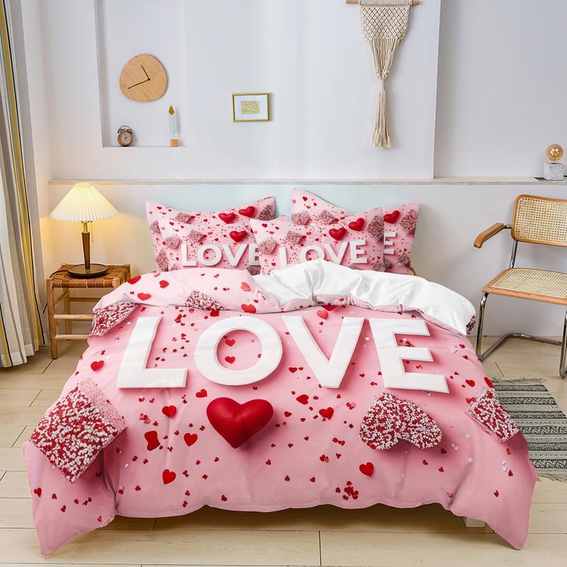 3 Counts/set Valentine's Day Love Letter Rose Pattern Duvet Cover Set including 1 Duvet Cover + 2 Pillowcases, Soft and Comfortable Decorative Bedding for Bedroom or Guest Room, Without Comforter