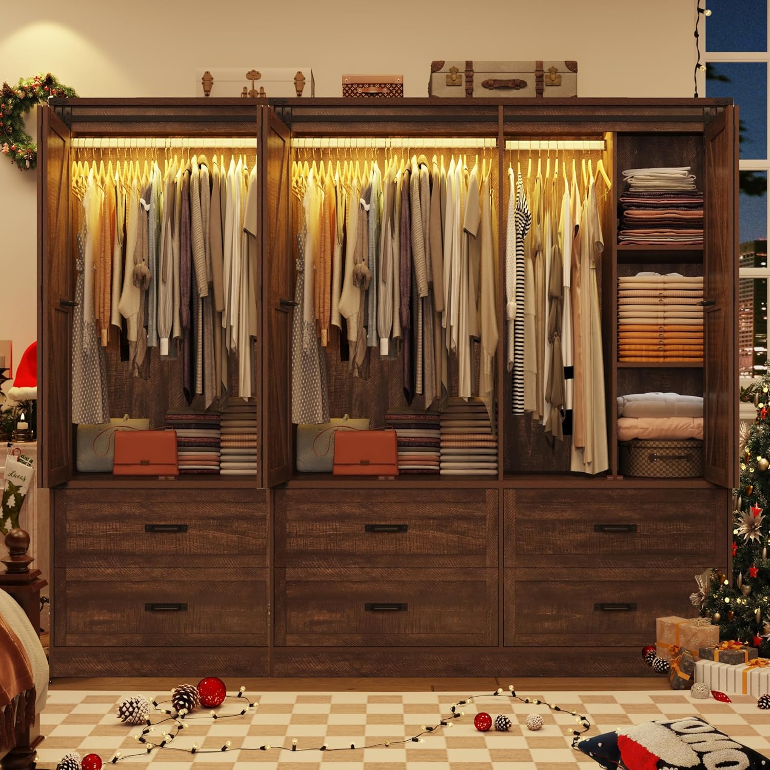 Farmhouse 6 Doors/4 Doors/3 Doors Armoire Wardrobe Closet w/Folding Sliding Barn Door and Lights, LED Armoire Closet w/Drawers for Bedroom, Freestanding Wooden Wardrobe Storage Closets w/Hanging Rod (Antique White/Rustic Brown/Black)