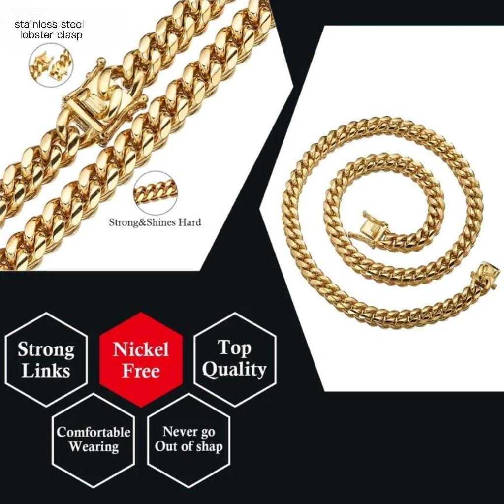 Miami hip-hop style necklace, Stainless steel with nano vacuum gold plating. Boasts a chunky Cuban link design, this trendy jewelry piece leads the latest fashion. It is the perfect choice for both everyday wear and gifting.Width: 6–14 mm Miami hip-hop style necklace, Stainless steel with nano vacuum gold plating. Boasts a chunky Cuban link design, this trendy jewelry piece leads the latest fashion. It is the perfect choice for both everyday wear and gifting.Width: 6–14 mm