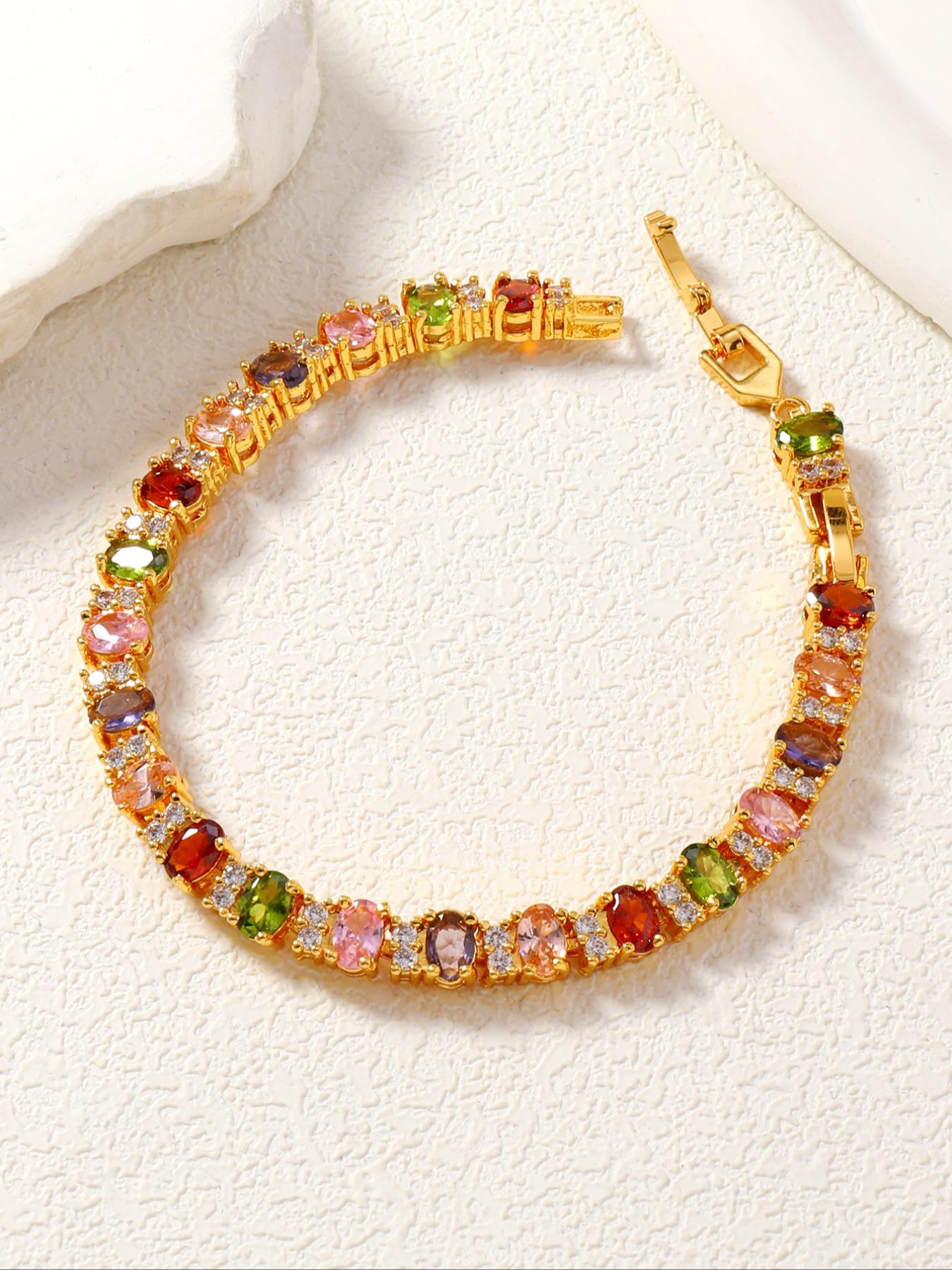 Luxury Rainbow Gemstone Bracelet, Copper Material Jewelry, Elegant Design Accessory for Women & Girls, Perfect Gift Idea