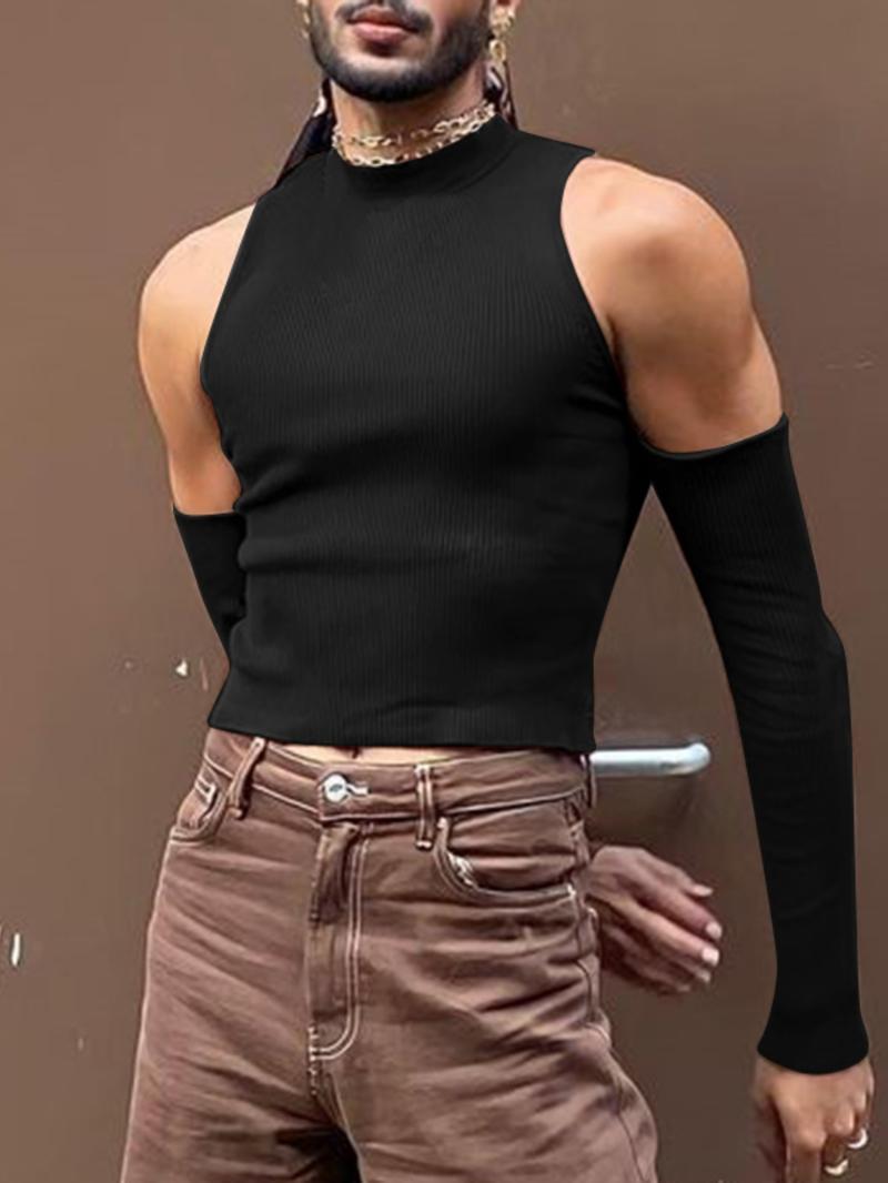 Men's Slim Cold Shoulder Mock Neck Crop Tank Top, Cut Out Long Sleeve T-shirt for Spring & Fall, Comfort Basic Minimalist Menswear for Daily Wear Men's Slim Cold Shoulder Mock Neck Crop Tank Top, Cut Out Long Sleeve T-shirt for Spring & Fall, Comfort Basic Minimalist Menswear for Daily Wear