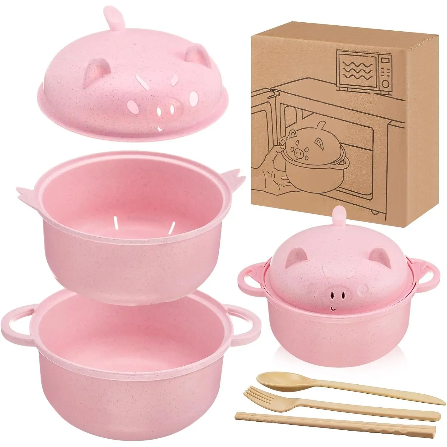 Cute Aesthetic 45oz Microwavable Pig Ramen Noodle Bowl Cooker with Strainer Lid Handle Spoon Fork & Chopsticks Kitchenware Value Pack for Home Dorm Use backtoschool College Boys Girls Apartment Essential Reusable Dinner Tableware