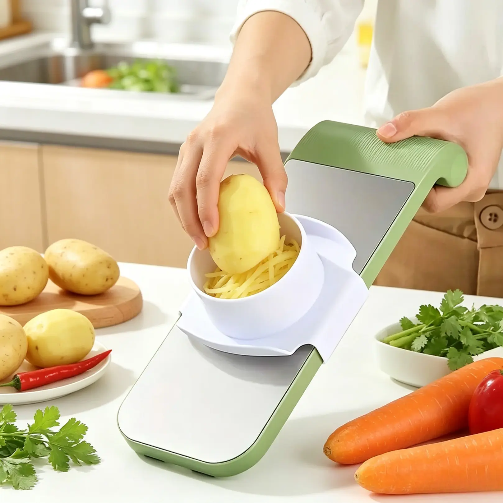 7-Piece Stainless Steel Durable Vegetable Slicer and Grater Set, Interchangeable Blades, Manual Kitchen Tool Kit, for Potatoes Carrots Cucumbers, Kitchen Gadgets, Vegetable Cutting Slicer-gz