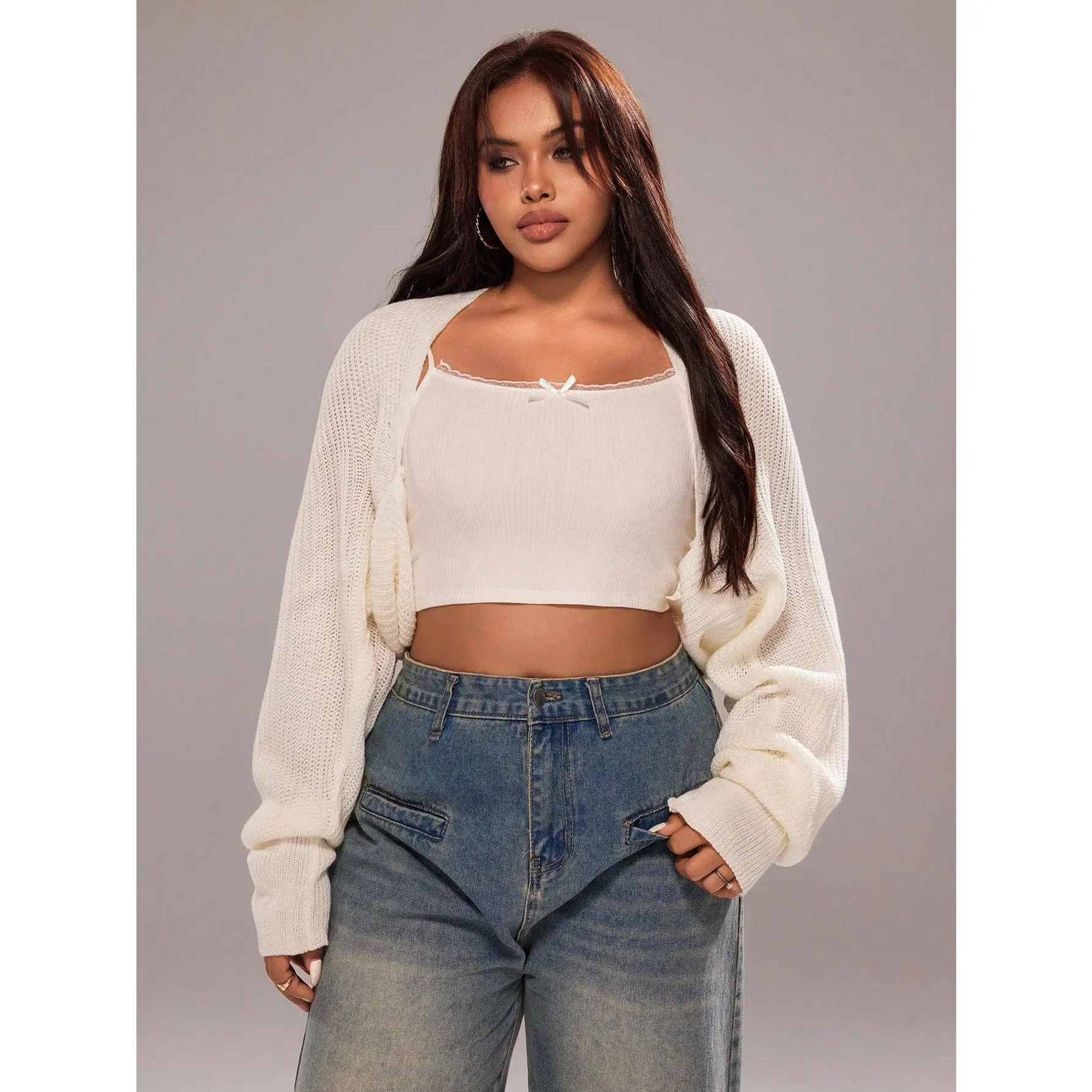 Women's Plus Size Shrug Sweater Open Front Long Sleeve Knit Cropped Cardigan
