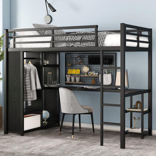 [Bellemave]Twin XL/Full/Queen /Size Loft Bed Frame with Built-in Wardrobe, Metal Loft Bed with Desk and Storage Shelves, Black
