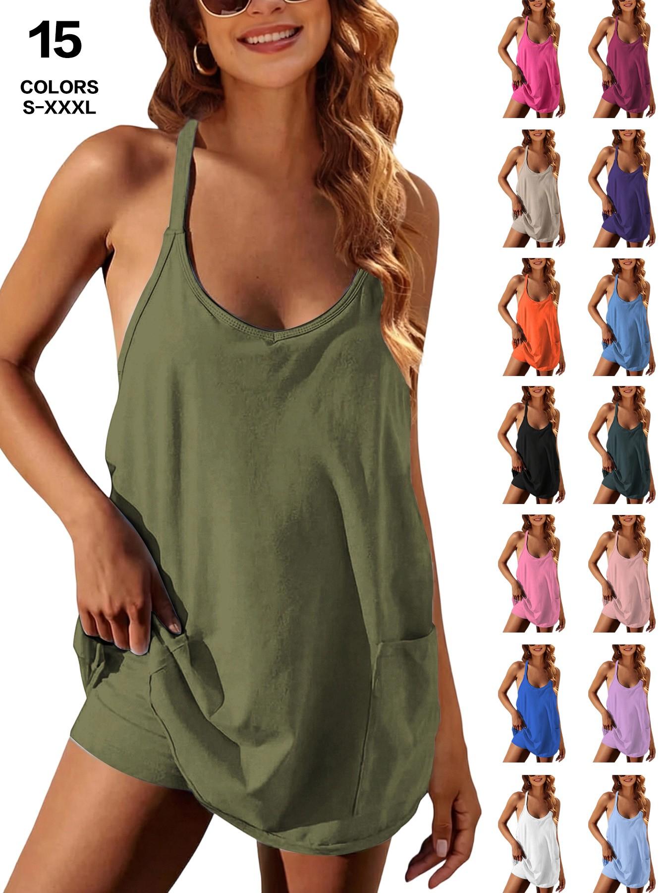 Womens Workout Romper Dress with Shorts Underneath Sleeveless Spaghetti Straps Athletic Outfits Casual Vacation