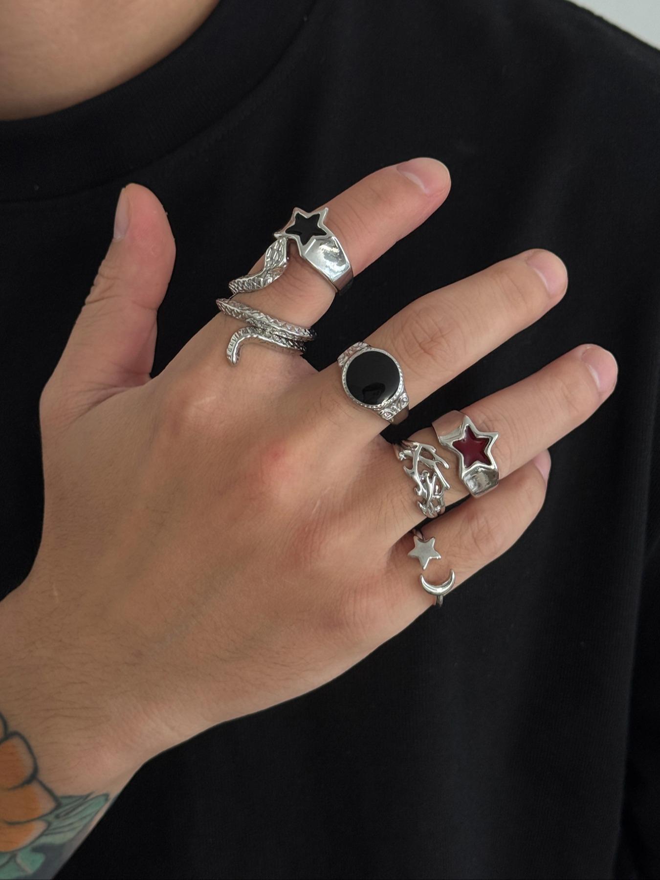 Men's Punk Style Silver Color Snake Ring Set, Statement Multi Ring, 6 Piece Vintage Jewelry Gift Box, All Season Party Daily Wear Accessories