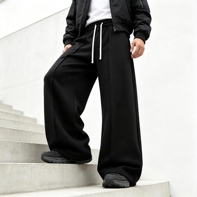Men's Fashionable Work Pants, Adjustable White Double Drawstring Elastic Waist Circumference, Front Pleat Decoration, Wrinkle Resistant Hanging Fabric, Street Style Suitable for Urban Street Life, Fashionable Loose Pants