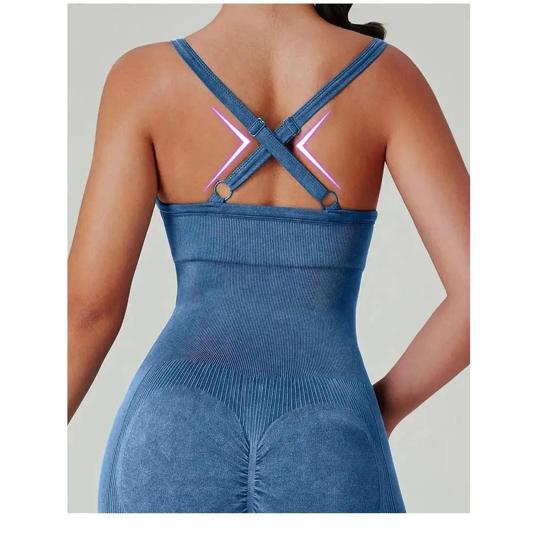 Women's Washed Yoga Bodysuit High Waisted Seamless 4-Way Stretch Workout Activewear Breathable Quick-Dry Lounge Jumpsuit