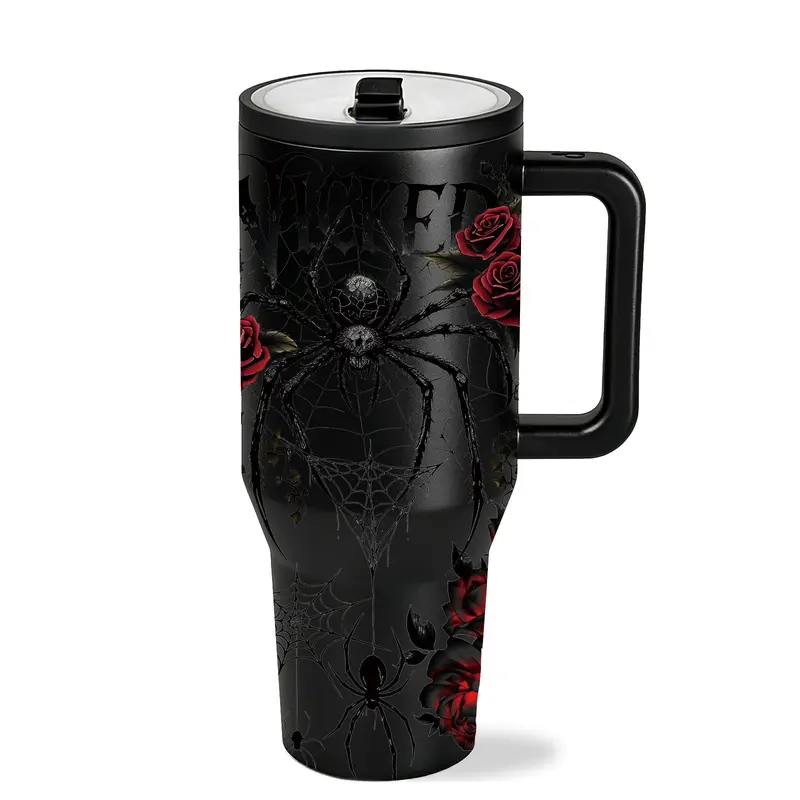 1‑Piece 40oz Insulated Mug, Double Wall Leak‑Proof Large Handle Thermal Cup, Keeps Hot 12 Hours and Cold 24 Hours, Dark Gothic Print Gift for Women and Men, Halloween Holiday, Office Travel Daily Use, Drinkware
