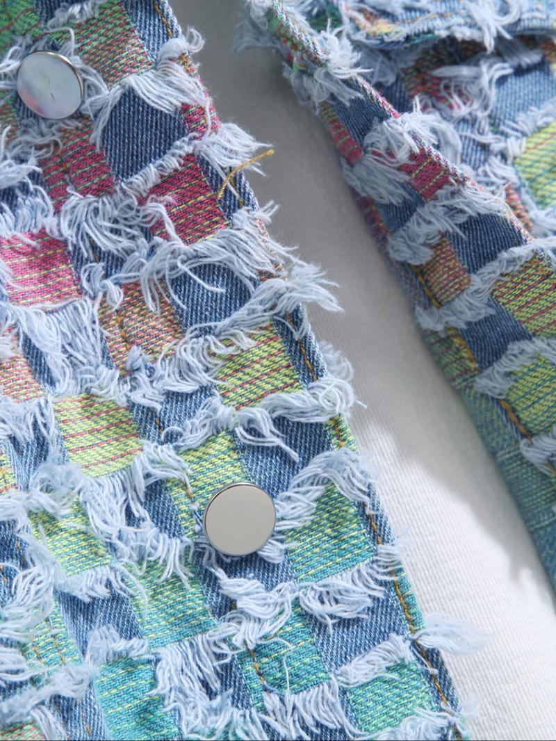 Men's Raw Trim Button Pocket Denim Jacket, Loose Street Long Sleeve Collared Outerwear for Daily Wear, Fashion Men's Clothes, Casual Fashion Jacket for All Seasons