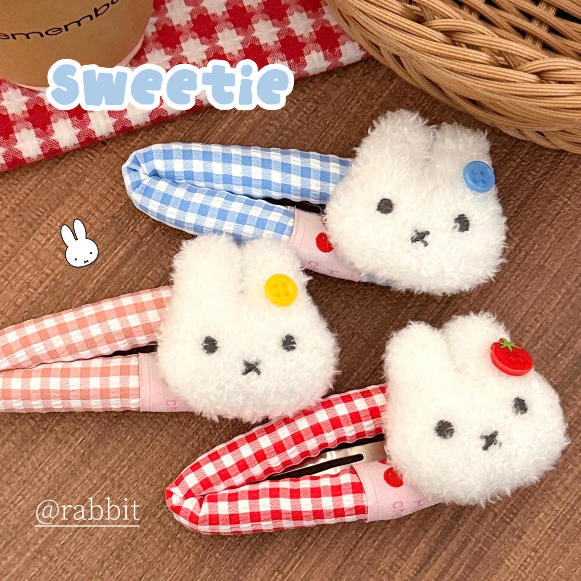 1/3 Pcs Cute Cartoon Plush Miffy Rabbit Checkered Hair Clip Sweet Fringe Side Bending Bending Clip Miffy Brand Hair Clip