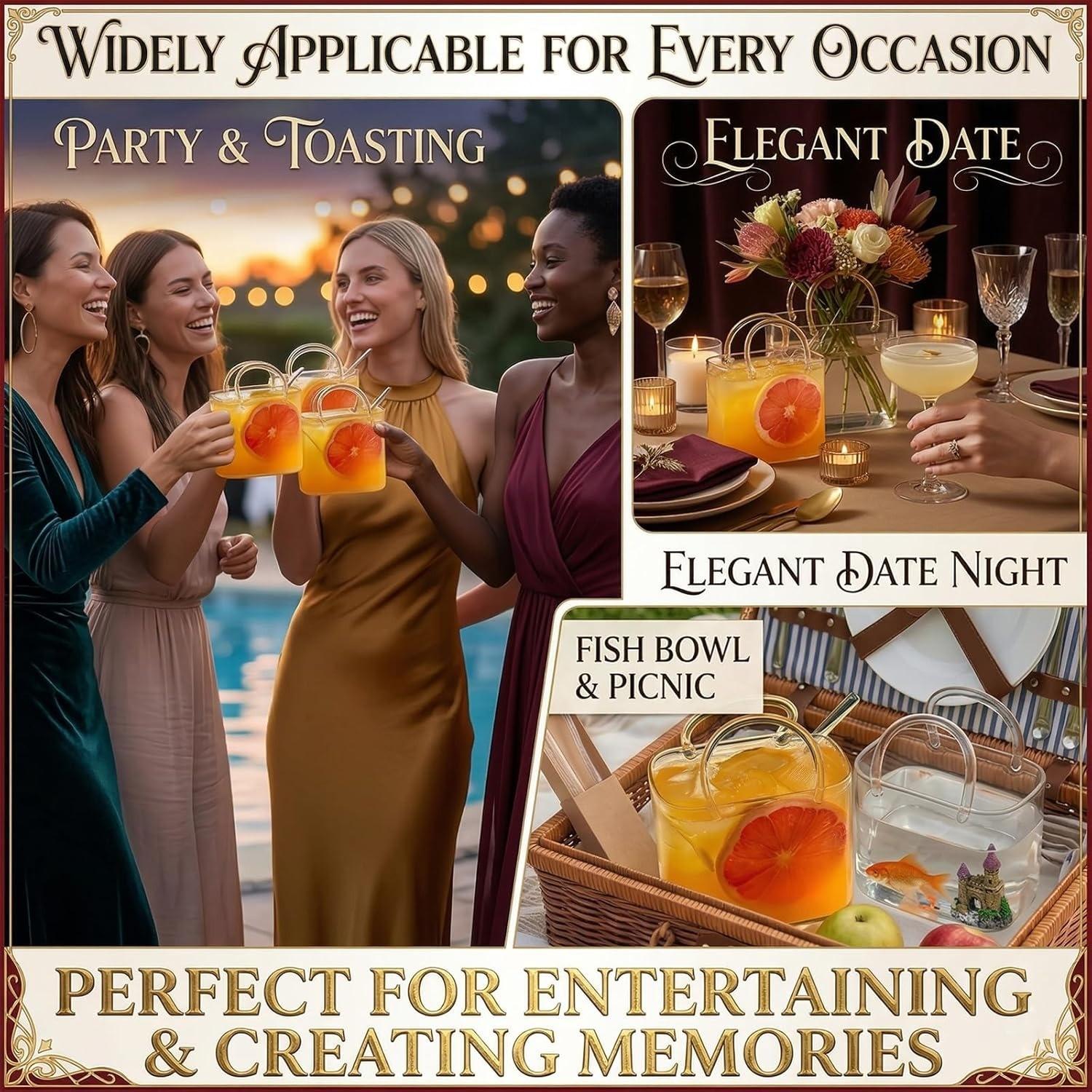 Glass Handbag Shape Cocktail Cup, Unique Handle and Straw Wine Glass Vase, Room Decor Juice Afternoon Tea Flower Picnic Cup