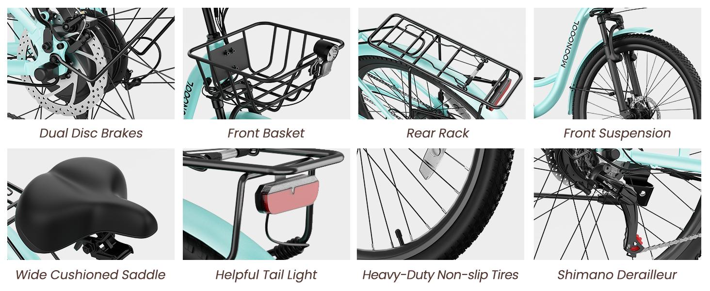 MOONCOOL Electric Bike for Adults, 700W Peak Power City Cruiser Ebike, 40 Miles 20MPH Electric Bicycle with 36V 10.4Ah Removable Battery, 7-Speed and Shock Absorber Electric Commuter Bike MOONCOOL Electric Bike for Adults, 700W Peak Power City Cruiser Ebike, 40 Miles 20MPH Electric Bicycle with 36V 10.4Ah Removable Battery, 7-Speed and Shock Absorber Electric Commuter Bike