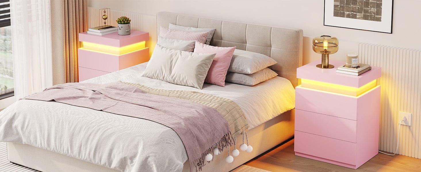 Sikaic Nightstand with LED Lights Charging Station Pink Modern Bedside Table with 3 Storage Drawers and Top Sliding Drawer