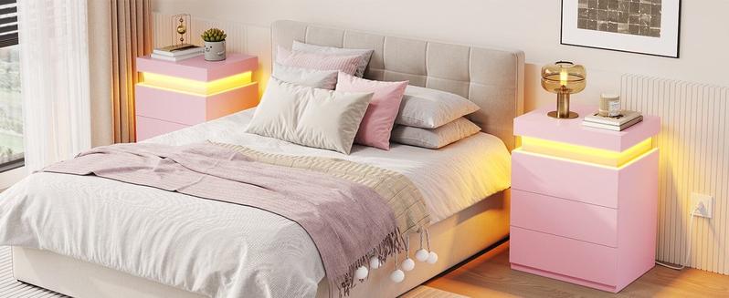 Sikaic Nightstand with LED Lights Charging Station Pink Modern Bedside Table with 3 Storage Drawers and Top Sliding Drawer