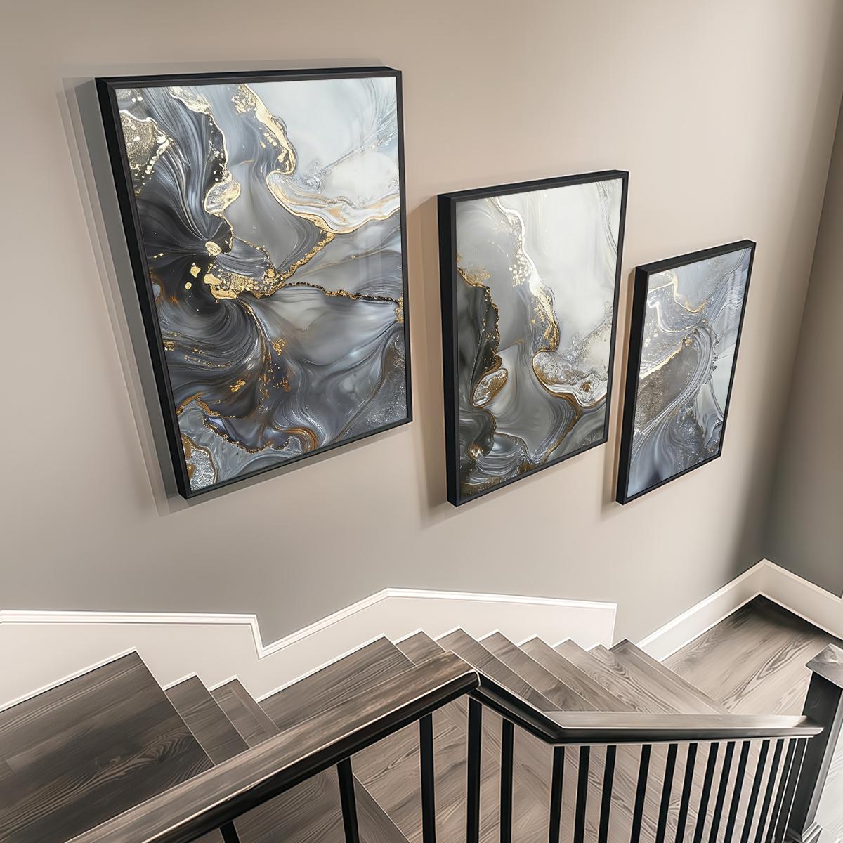 3 Counts Aluminum Alloy Framed Painting, Abstract Gray Gold Fluid Art Pictures, Home Decoration For Living Room, Bedroom, Office, Restaurant, Hallway Wall Decor, Odorless Print Artwork, Luxury Perfect Gift For Friends And Family