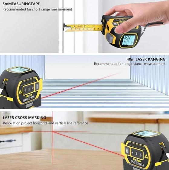 2 in 1 Digital Laser 5m Tape Measure with LCD Display, Self-Locking Device, 40m, 50m, 60m Measuring Options, Work Equipment for Men