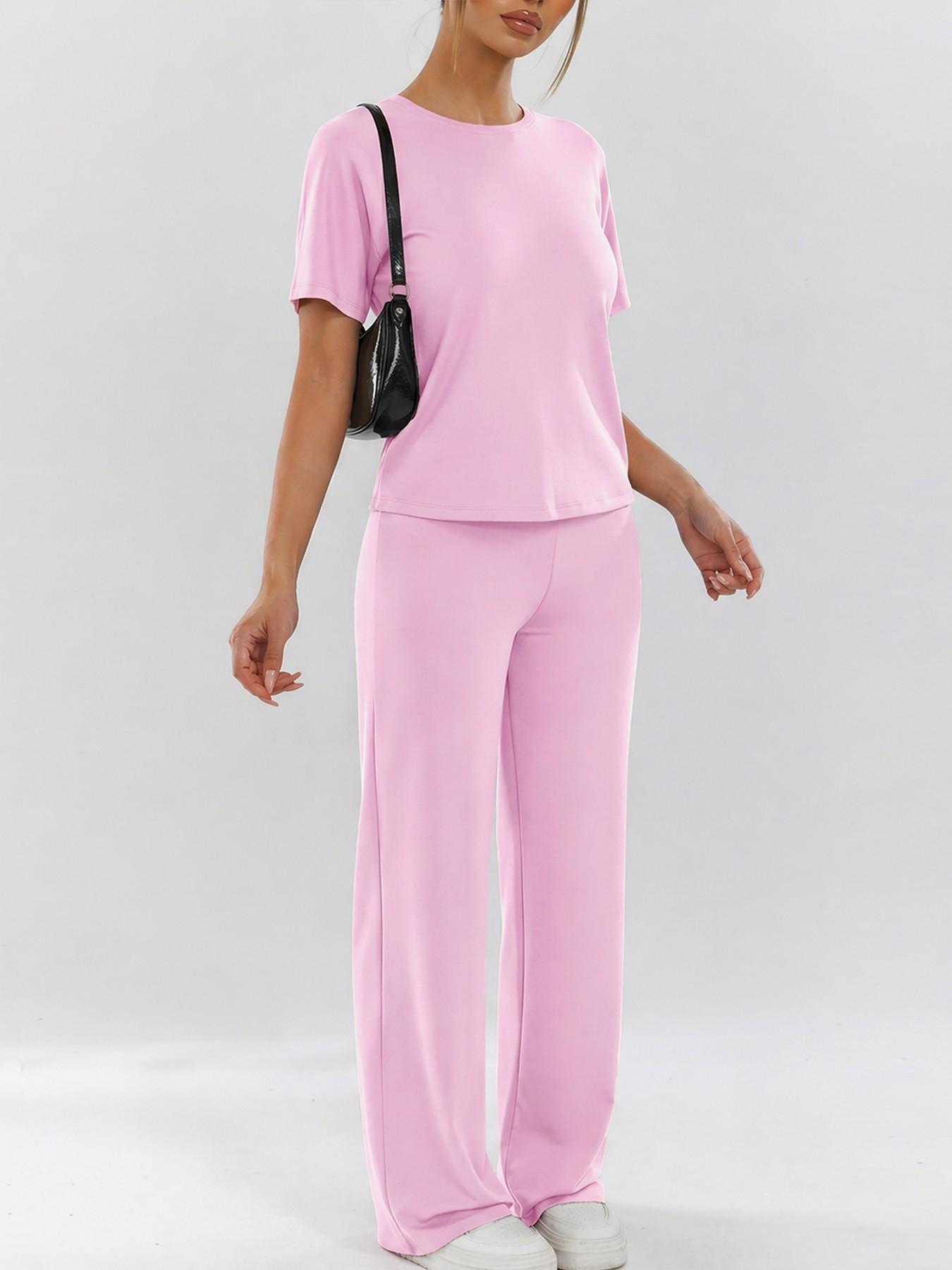 Women's Two-Piece Set, Loose-Fit Short Sleeve Top & High Waist Wide-Leg Pants, Breathable Fabric, Ideal for Yoga, Gym & Running, Athleisure Gym Clothes, Casual Activewear Set, Loose Casual Athleisure