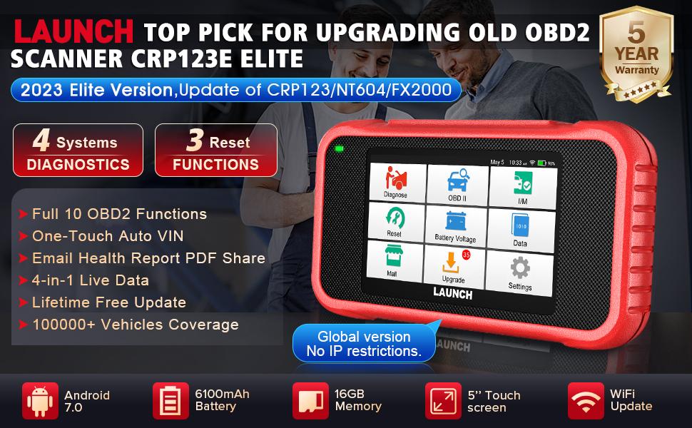 LAUNCH CRP123E OBD2 Scanner Car Diagnostic Scan Tool Check Engine Fault Code Reader with Oil Reset, SAS Reset, Throttle Adaptation, Battery Test, Auto VIN