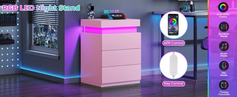 Sikaic Nightstand with LED Lights Charging Station Pink Modern Bedside Table with 3 Storage Drawers and Top Sliding Drawer