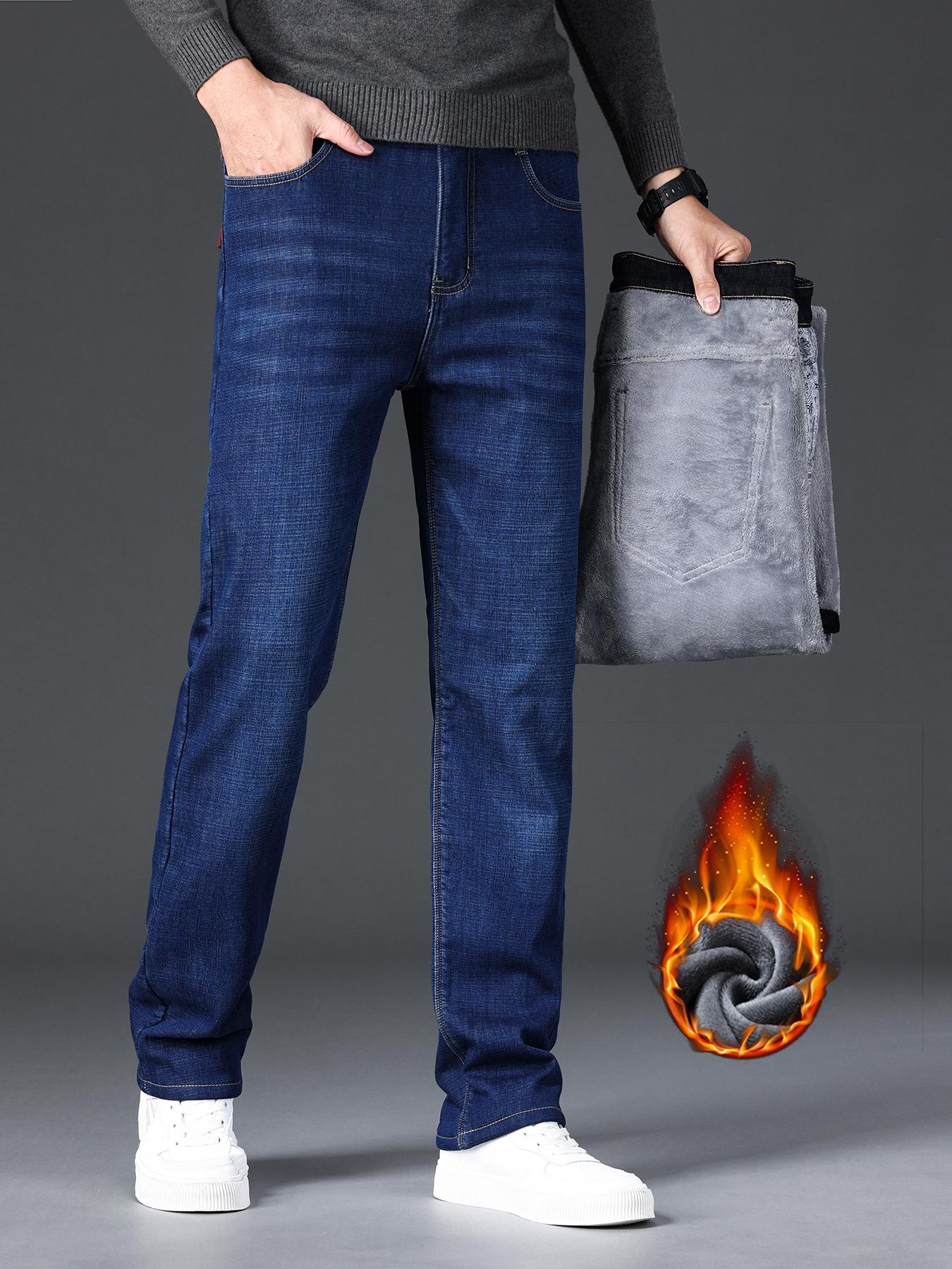 Men's Thickened Winter Fleece Jeans, Hi Rise Jeans, Loose Straight Leg High Waist Casual Elastic Pants, Warm Long Denim Trousers for Fall & Winter